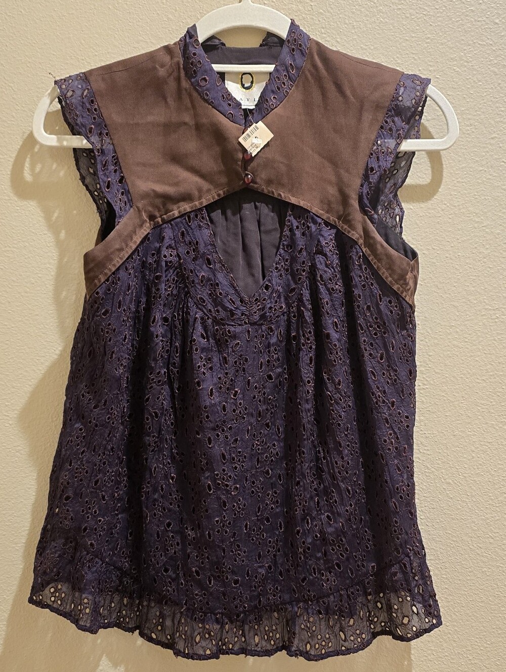 MAYLE Plum Eyelet Lace & Silk Cutout Ruffle Tank Top Blouse NWT Sz 2